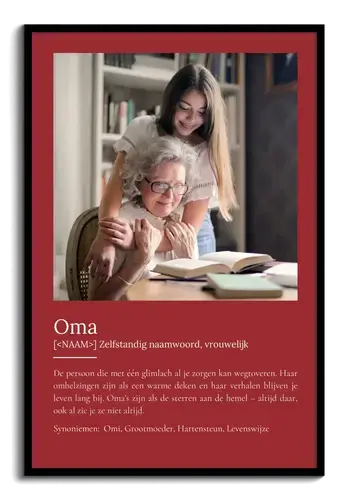Maak een persoonlijke "Oma" poster met foto & Duden-stijl tekst als cadeau. Maak een persoonlijke "Oma" poster met foto & Duden-stijl tekst als cadeau.