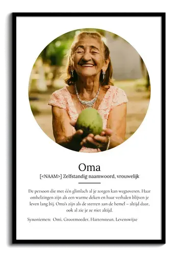 Maak een persoonlijke "Oma" poster met foto & Duden-stijl tekst als cadeau. Maak een persoonlijke "Oma" poster met foto & Duden-stijl tekst als cadeau.