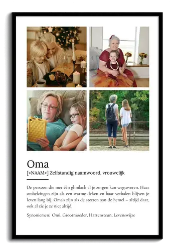 Maak een persoonlijke "Oma" poster met foto & Duden-stijl tekst als cadeau. Maak een persoonlijke "Oma" poster met foto & Duden-stijl tekst als cadeau.
