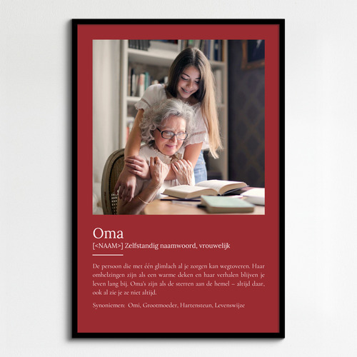 Maak een persoonlijke "Oma" poster met foto & Duden-stijl tekst als cadeau.