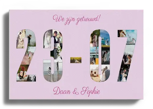 Datum van bruiloftsdag als fotocollage met namen van het bruidspaar