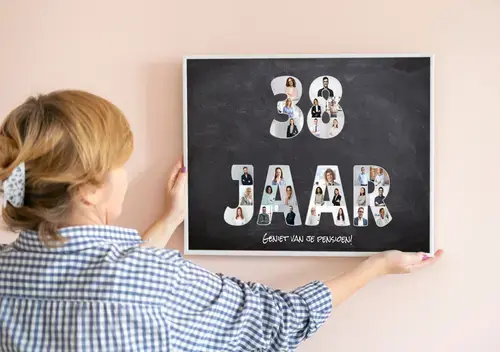 Fotoposter 38 jaar collage met pensioenwens