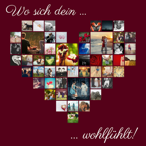 Über 50 Fotos als Herz-Collage angeordnet. Individuelle Botschaften und Designs. Druck als Poster, Leinwand, Acryl oder Dibond.