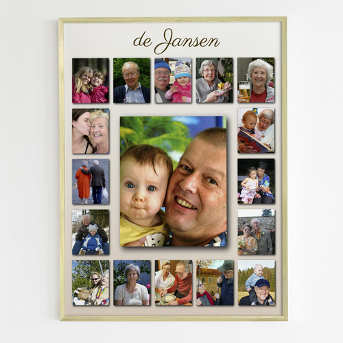 Familiefotos als creatieve collage gerangschikt met tekst en achtergrond