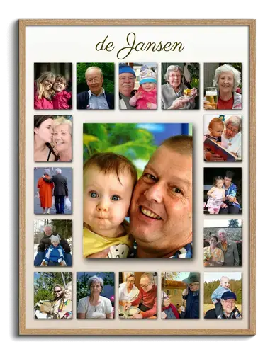 Familiefotos als creatieve collage gerangschikt met tekst en achtergrond