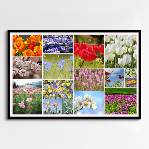 Ontwerp je bloemen-fotocollage – premium print: lente, rozen, zonnebloemen, tulpen