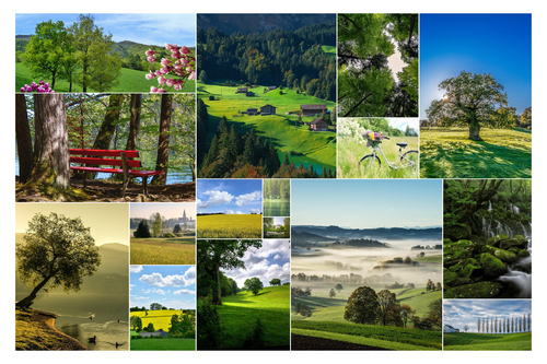 Créez et imprimez un collage photo de paysages: forêts, routes d’automne, pics enneigés