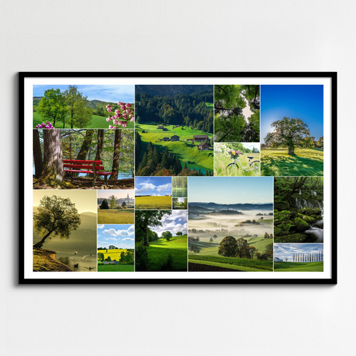 Créez et imprimez un collage photo de paysages: forêts, routes d’automne, pics enneigés