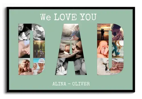 Collage photo personnalisée "On t'AIME PAPA" avec prénoms et photos de famille
