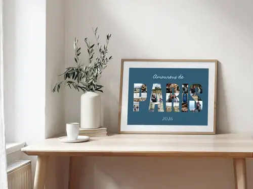 Collage Photos Lettre Paris sur Toile, Bleu Foncé