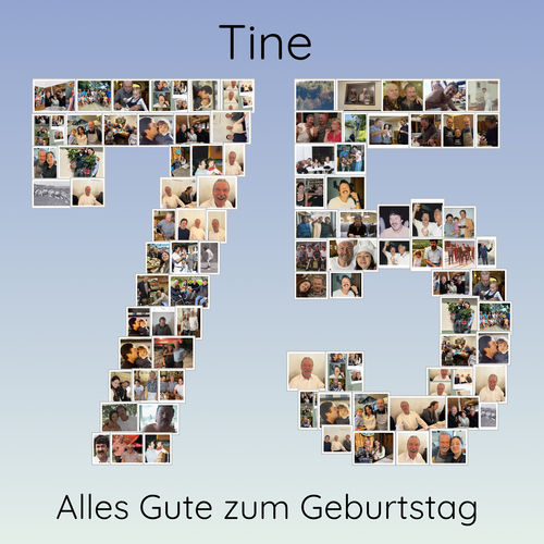 Digitale fotocollage voor een 75e verjaardag, met foto's in de vorm van 75 op een lichtblauwe achtergrond, naam en felicitatie.