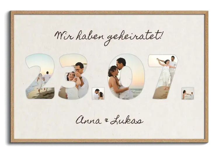 Datum des Hochzeitstags als Fotocollage mit Namen des Brautpaars