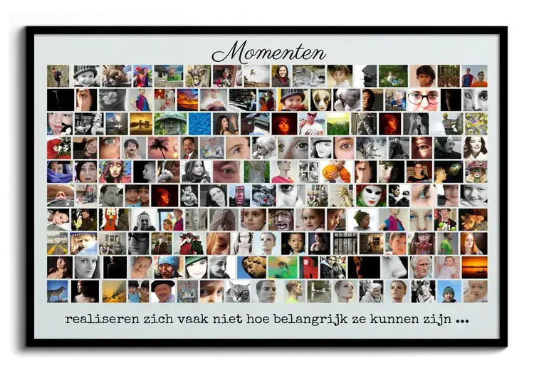 Wandversiering als Fotocollage met vele Fotos met Tekst en eigen Beelden