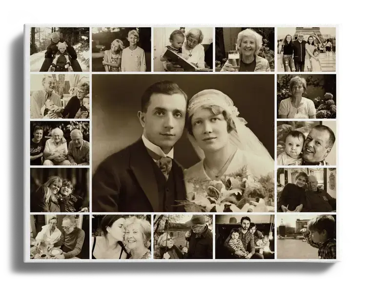 Familienbild als Fotocollage mit Sepia Effekt grosses Bild in Mitte
