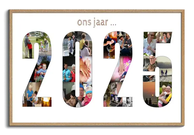 Jaarcijfer als fotocollage met veel fotos en herinneringen